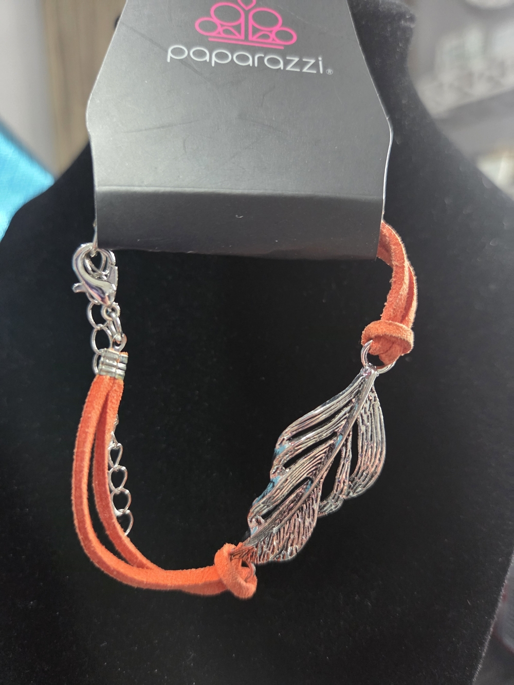 226# Paparazzi Orange Suede Bracelet with Silver Feather Accent